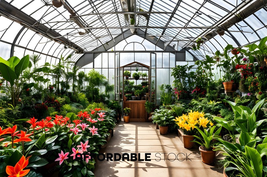 A greenhouse filled with a variety of plants