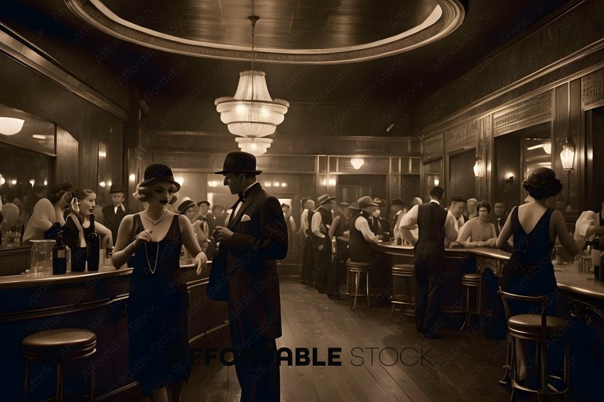 A man and woman in a speakeasy during the prohibition era