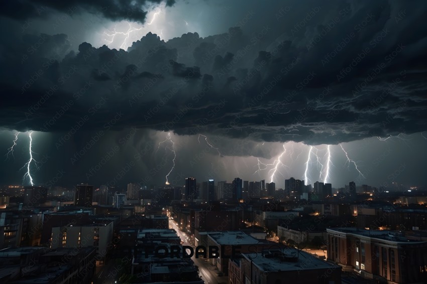 A city skyline with a lightning storm in the background