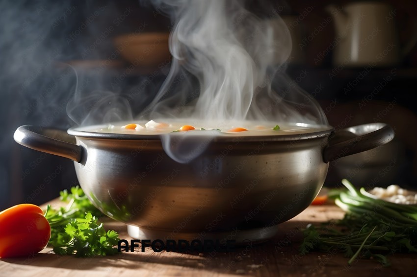 A Steaming Pot of Soup with Vegetables
