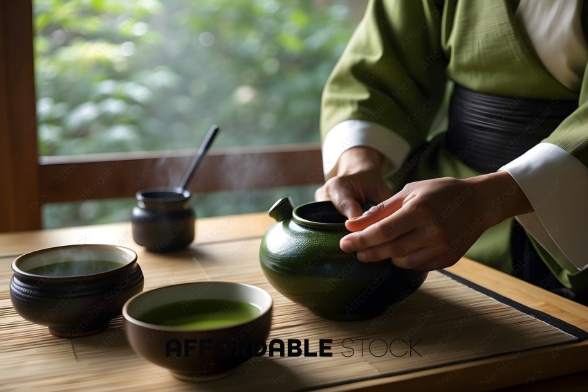 A person pouring green tea into a bowl
