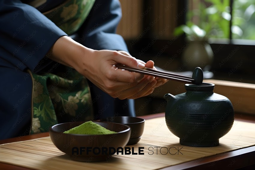 A person holding chopsticks and bowls of green food