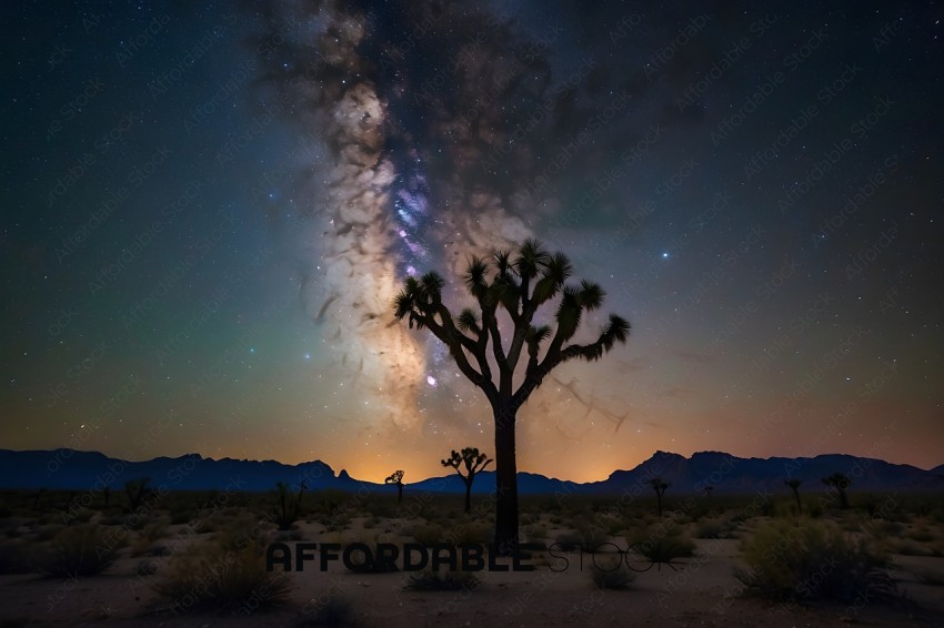 A tree stands in the foreground of a starry sky