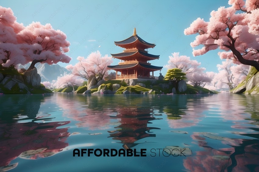 A beautiful painting of a Japanese garden with a pagoda