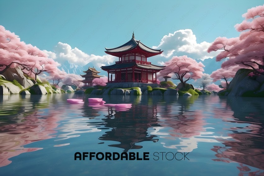 A beautiful painting of a Japanese garden with a red pagoda
