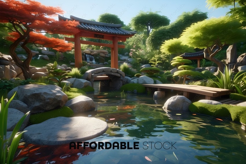 A Japanese garden with a pond and a bridge
