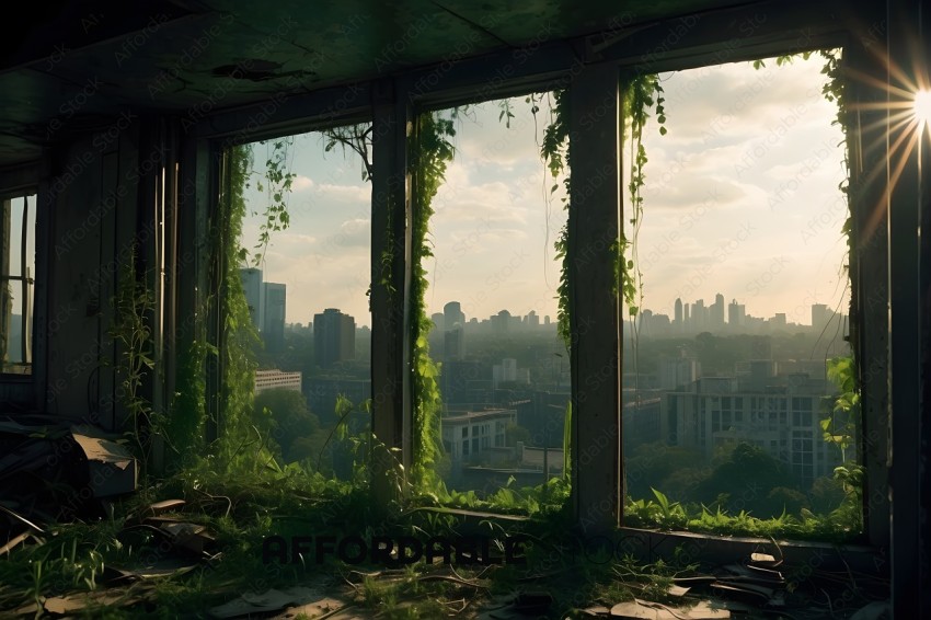 A view of a city from a window with plants growing out of it