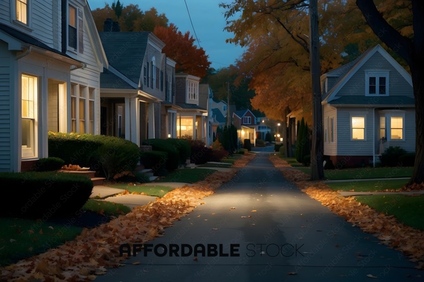A residential street at night with leaves on the ground