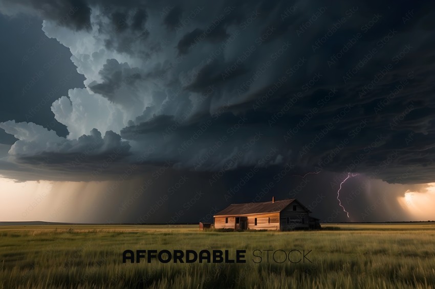 A storm is approaching a small wooden house in a field