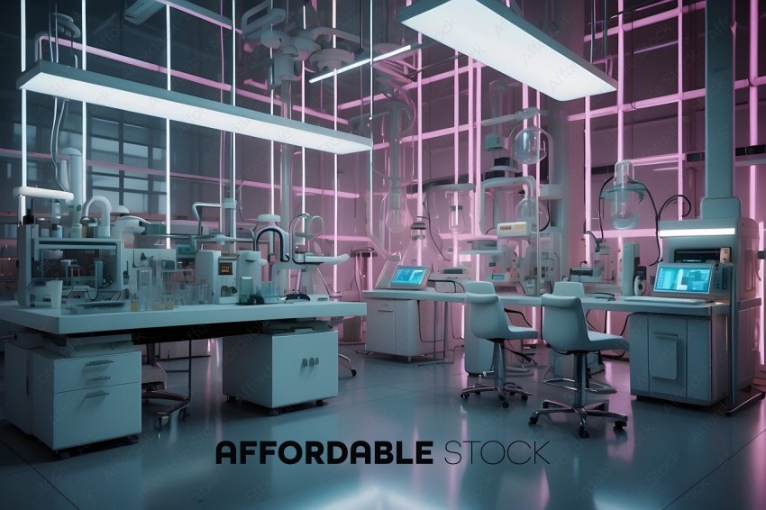 A clean, modern laboratory with pink lights