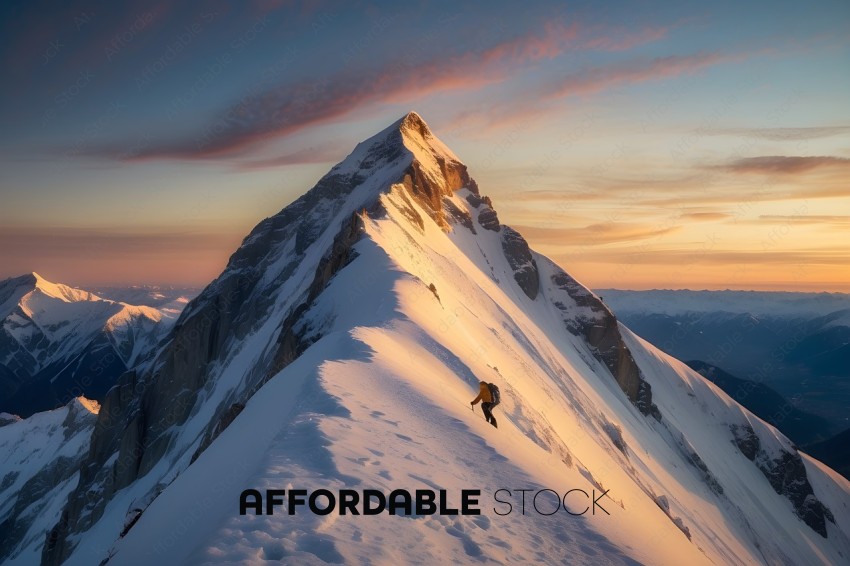 Skier on a snowy mountain with a peak in the background