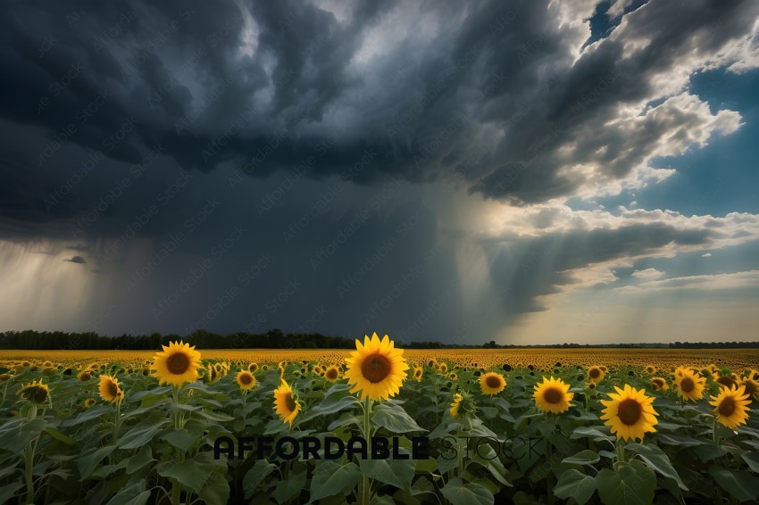 Sunflowers in a field with a stormy sky