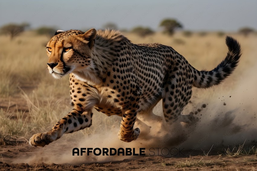 A cheetah running through the dirt