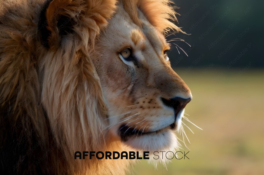 A lion with a long mane looking to the side