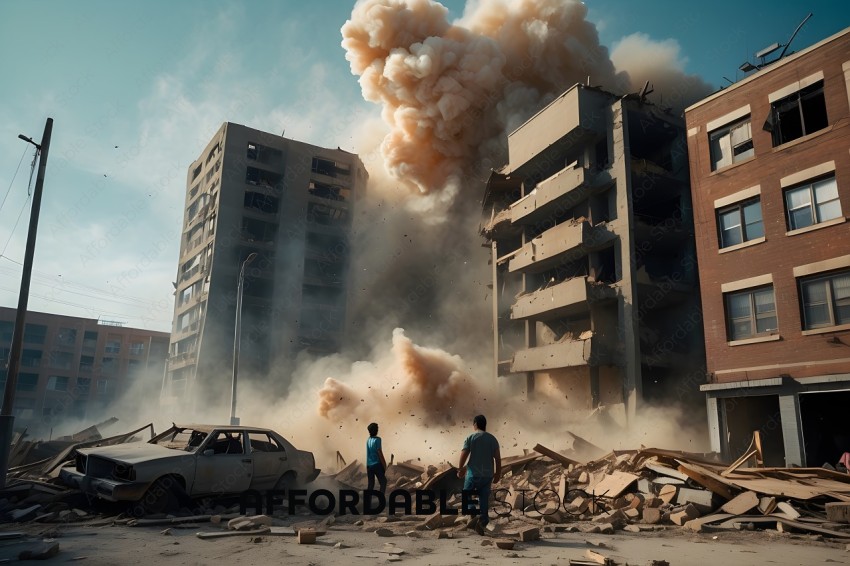 Two men standing in front of a building that has been destroyed by an explosion