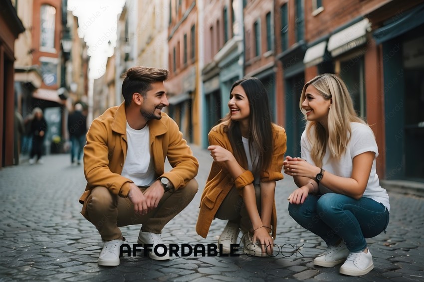 Three friends sitting on a cobblestone street