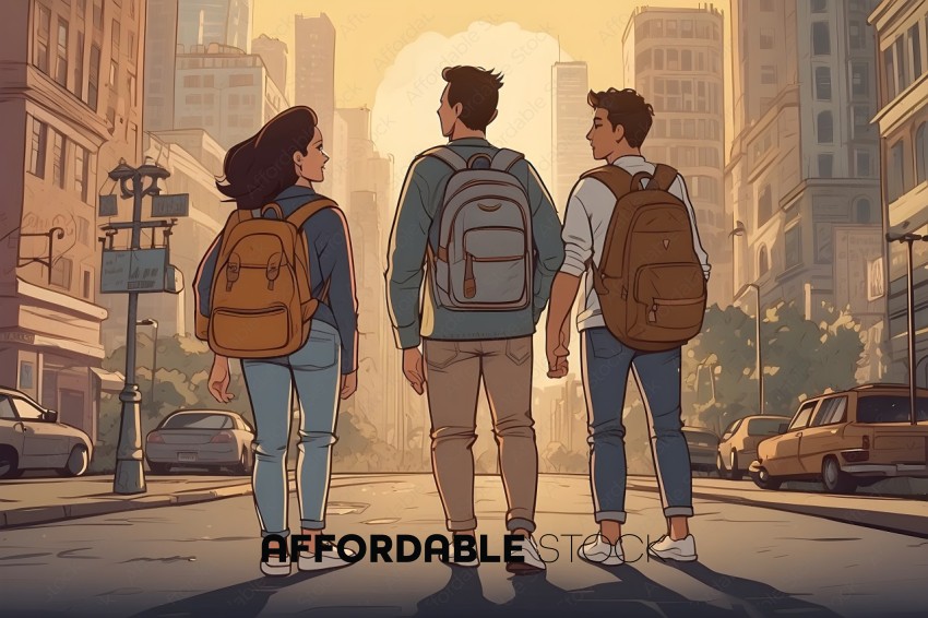 Three people with backpacks walking down a street