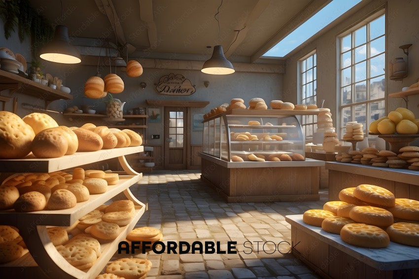 A Baker's Shop with a Variety of Breads and Pastries
