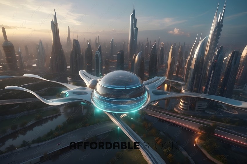 Futuristic Cityscape with Spacecraft and Skyway