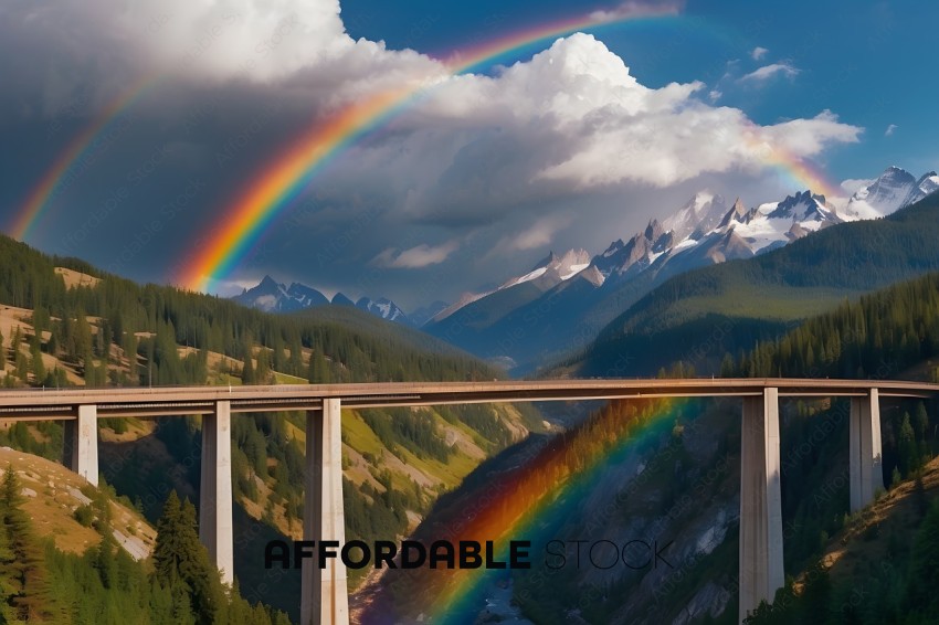 Rainbow Bridge over a river with mountains in the background