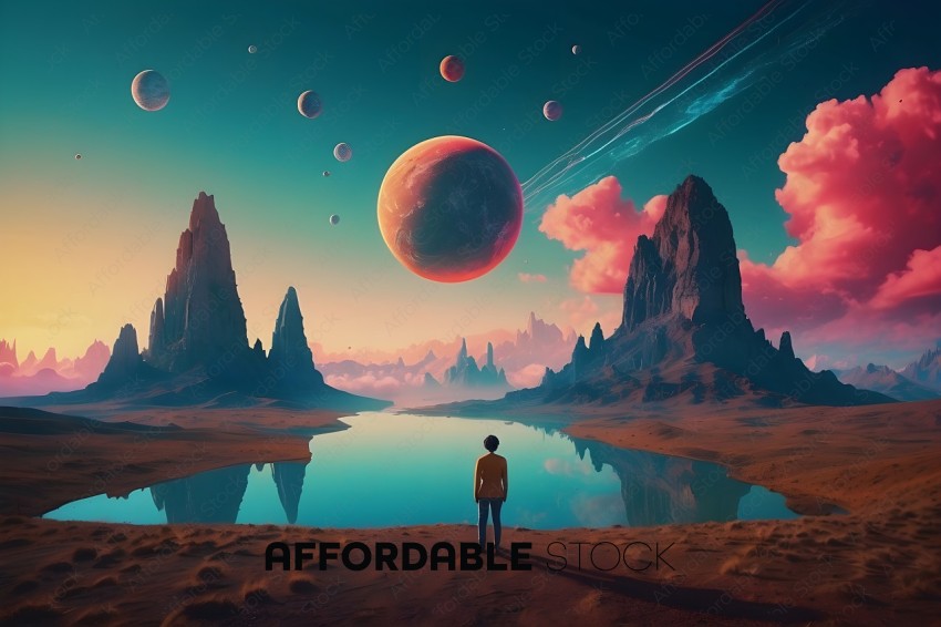 A person standing on a hill overlooking a lake and a planet