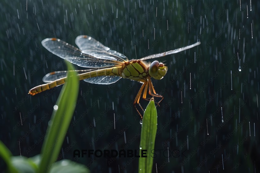 A dragonfly with a yellow body and green head