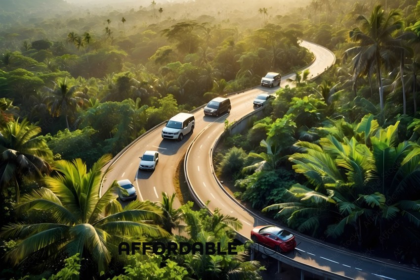 Cars on a highway in a tropical forest