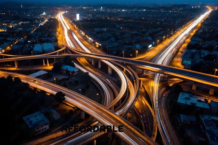 A nighttime aerial view of a city's freeway system