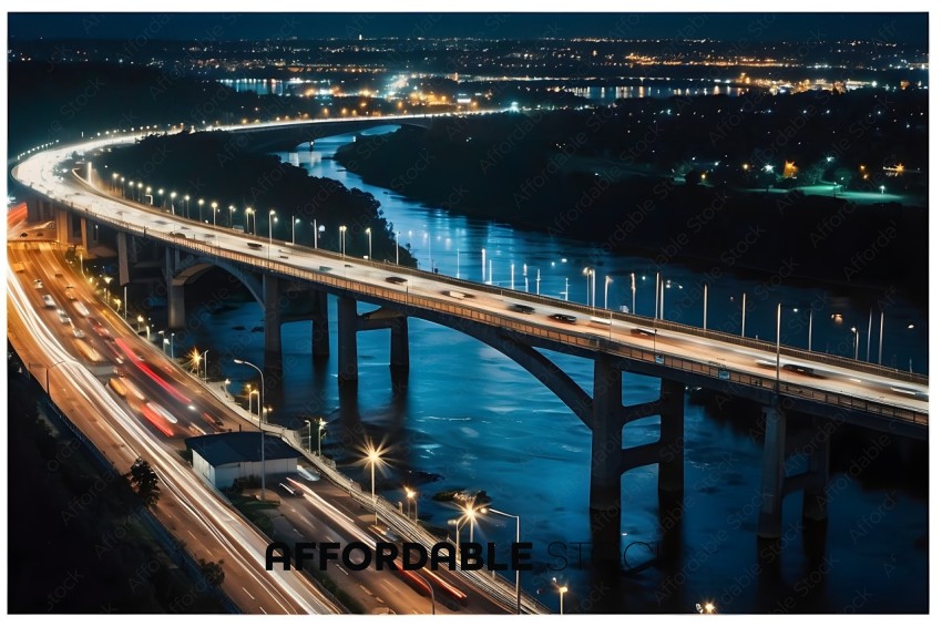 A bridge over a river at night with traffic