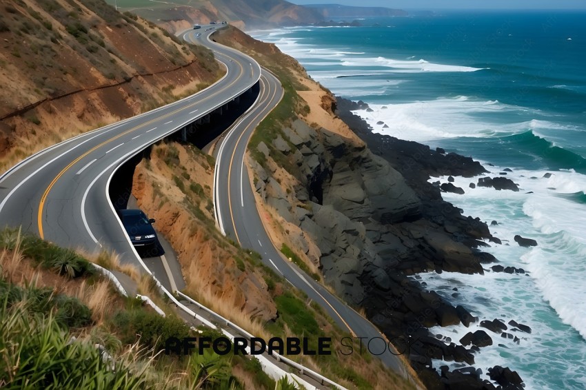 A highway curves along a cliff overlooking the ocean
