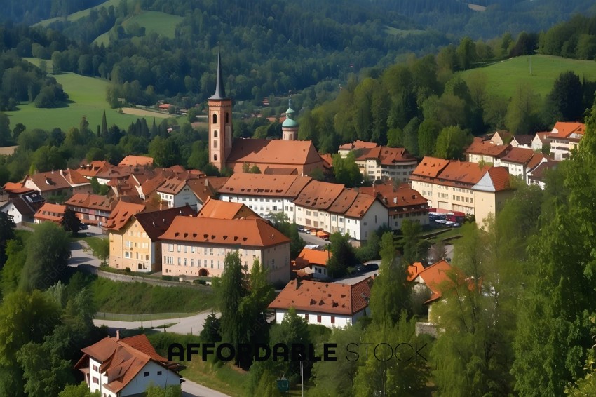 A town with a church steeple and a forest in the background