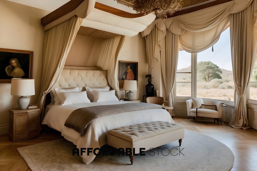 A luxurious bedroom with a large bed and a footstool