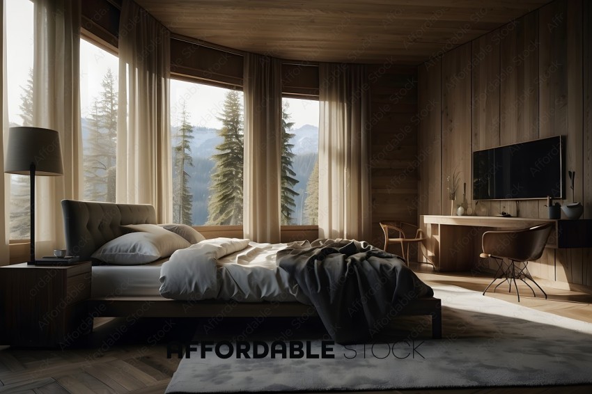 A cozy bedroom with a mountain view