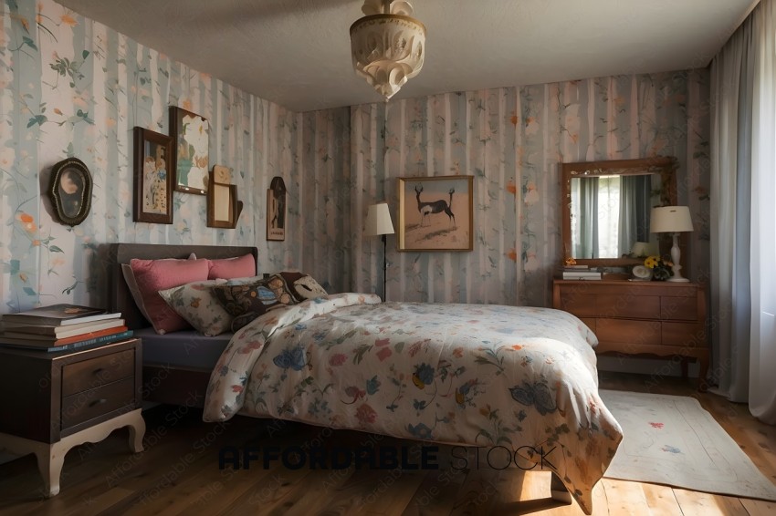 A bedroom with a floral bedspread and matching wallpaper