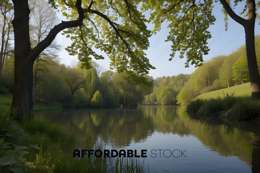 A serene scene of a lake with a tree overhanging it