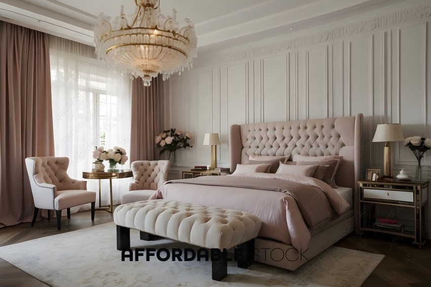 A Pink Bedroom with a Chandelier
