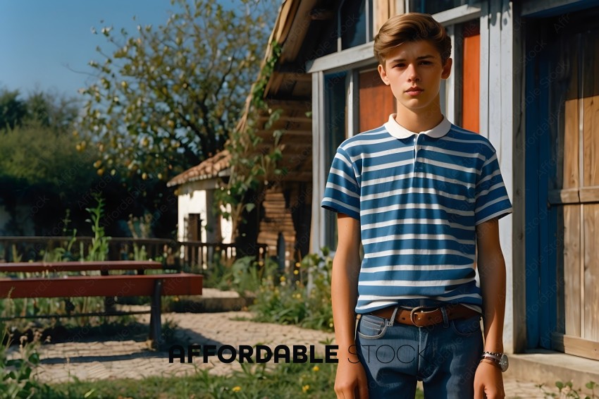 A young man in a striped shirt and jeans standing in front of a house