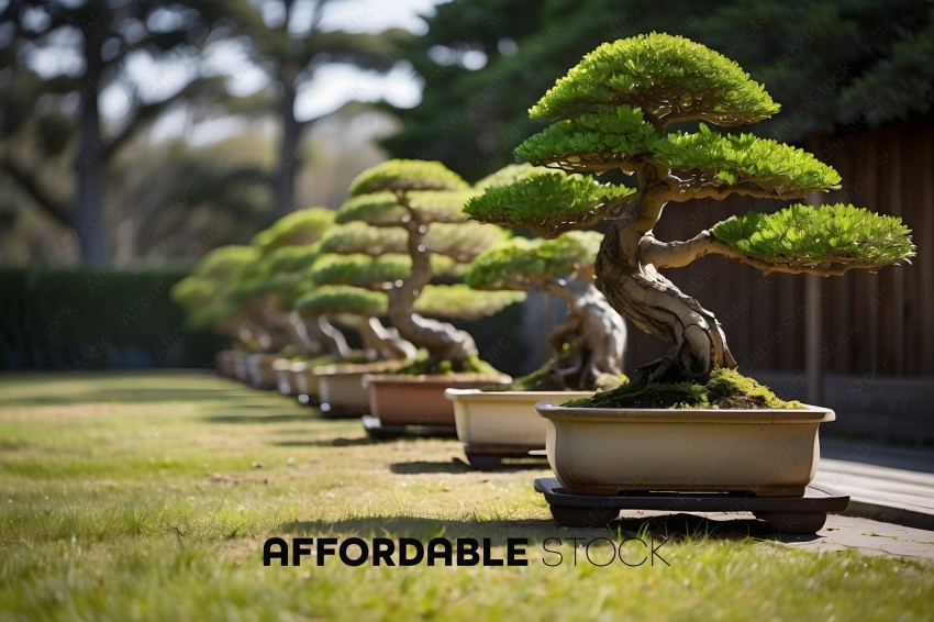 A row of bonsai trees in pots