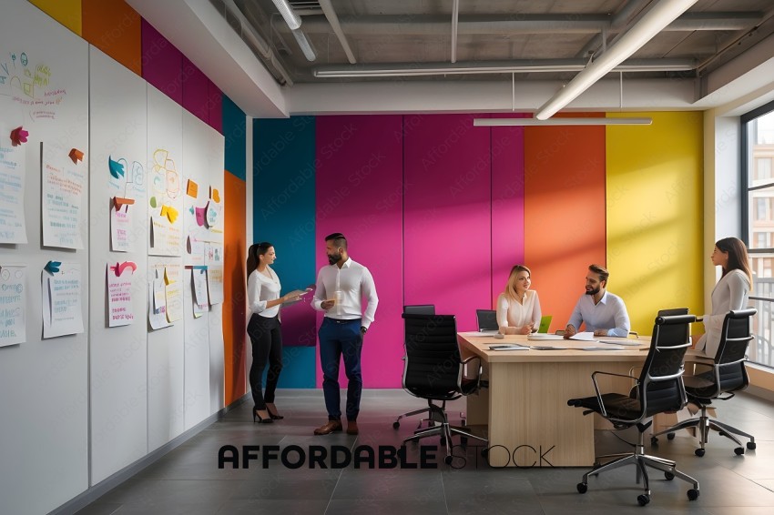A group of four people in a colorful office
