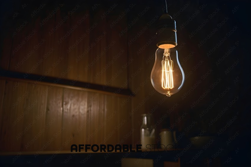 A single light bulb with a wooden background