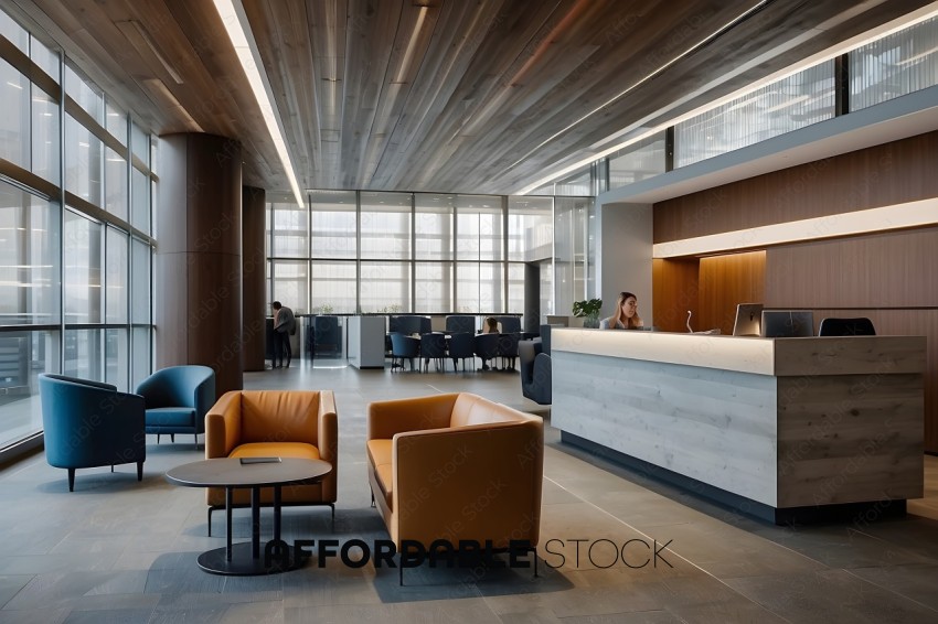A modern office with a reception desk and chairs