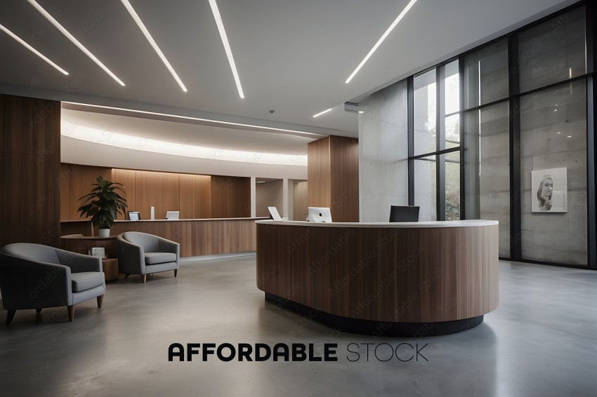 A modern office with a reception desk and a large wooden counter