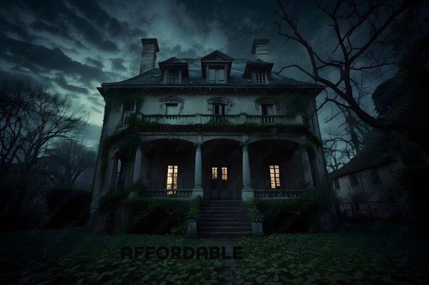 A dark and eerie mansion with ivy growing on the walls