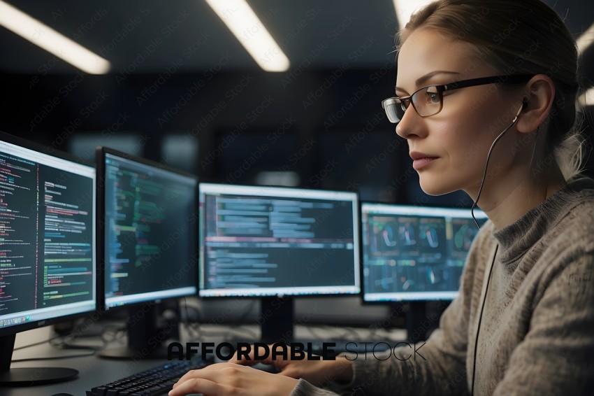 A woman wearing glasses and a gray sweater is working on a computer