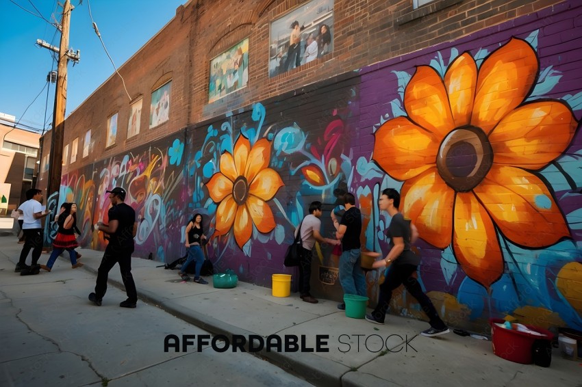People walking on sidewalk in front of colorful wall mural