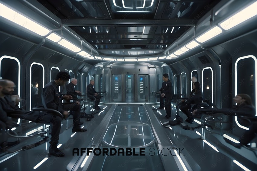 People in a futuristic room with a glass floor