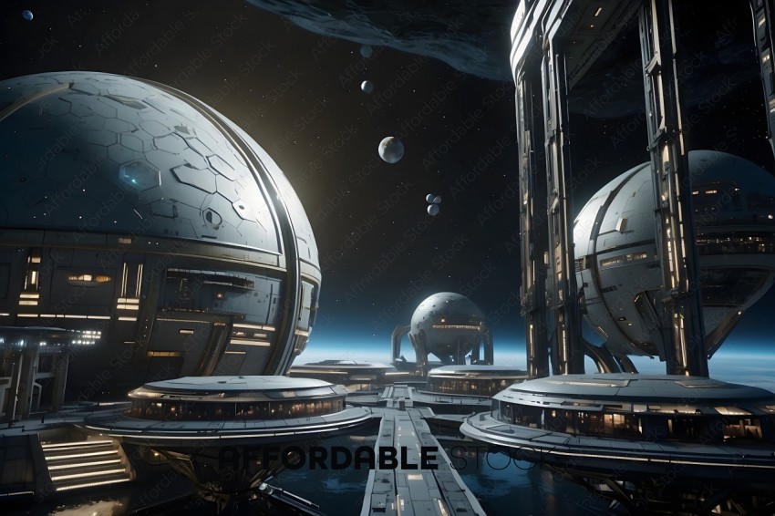 A futuristic city with a large dome and a space station