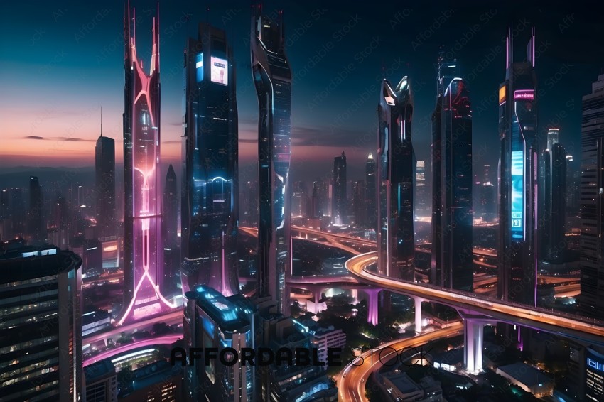 A futuristic cityscape with a skyline of tall buildings and a network of roads