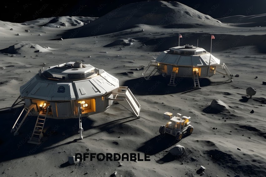 Two small white buildings on the moon
