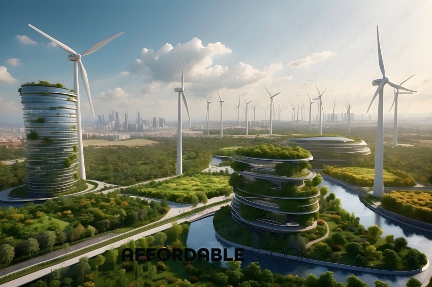 A futuristic city with greenery and wind turbines